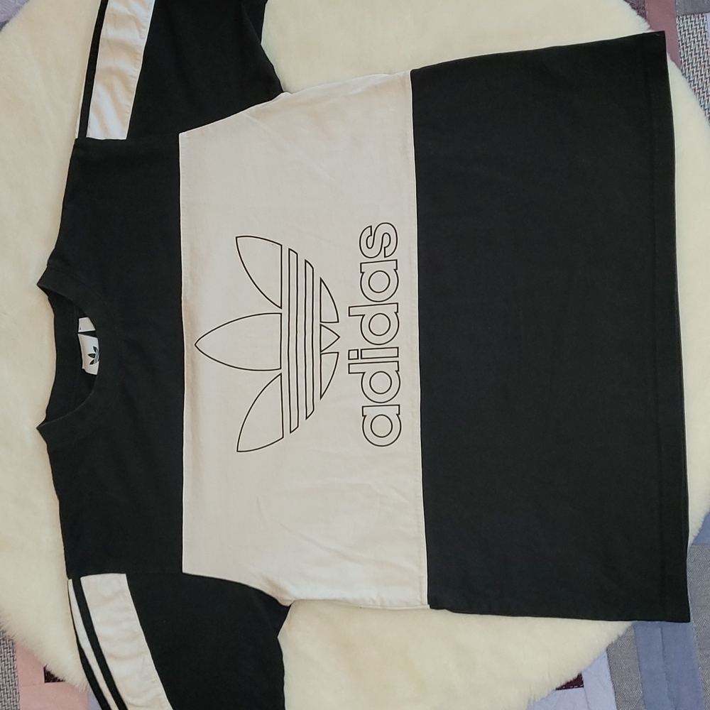 Adidas Black & White Thick Contrast 3 Stripe Color Block 100% Cotton Tee